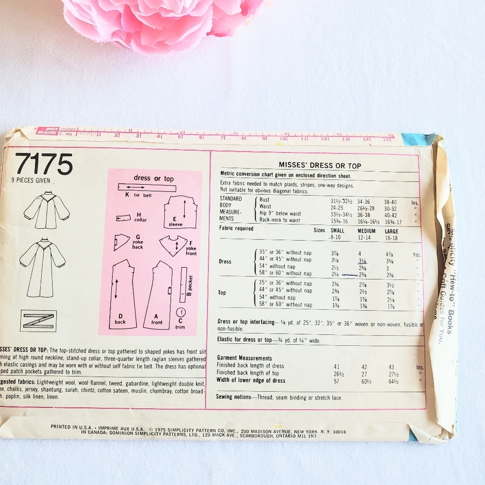 1975 Simplicity 7175 Sewing Pattern Misses Dress or Top - Picture 3 of 4